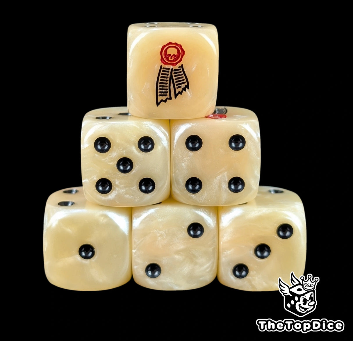 Beige 16mm D6 dice with a red wax seal scroll emblem and black pips for sci-fi wargaming