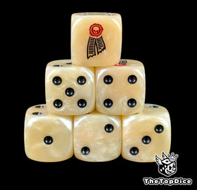 Beige 16mm D6 dice with a red wax seal scroll emblem and black pips for sci-fi wargaming