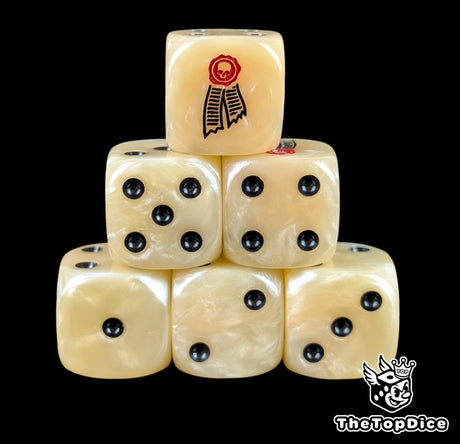 Beige 16mm D6 dice with a red wax seal scroll emblem and black pips for sci-fi wargaming