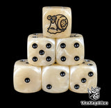 Beige 16mm D6 counter dice with a black snail phone emblem and black pips for anime pirate TCG