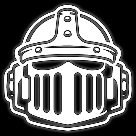 Riveted crusader helm with grille visor, white on black, tile for betrayal era legion 16mm dice