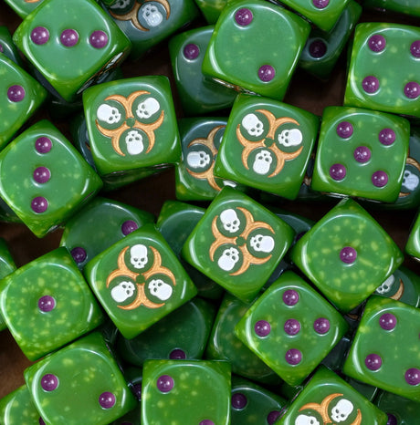A pile of rotten green Nurgle D6 with purple pips and gold hazards