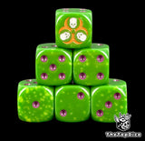Six rotten green Nurgle D6 stacked, purple pips and a gold hazard