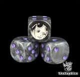 Close up of a black 16mm resin D6 die engraved with a white archaeologist emblem and purple pips