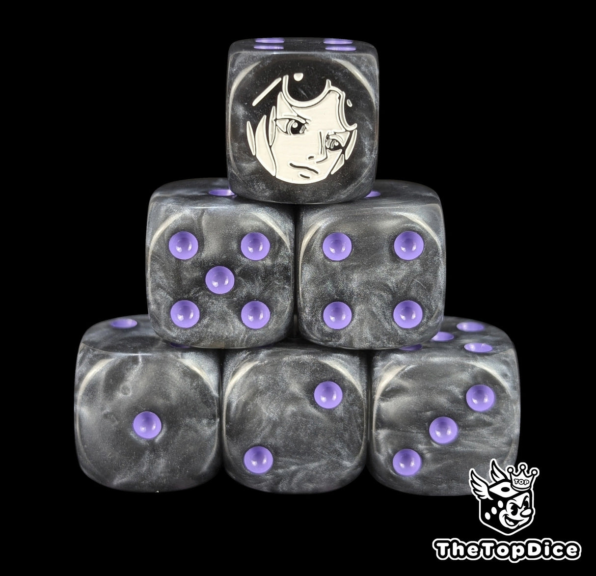 Black 16mm D6 counter dice with a white archaeologist emblem and purple pips for anime pirate TCG