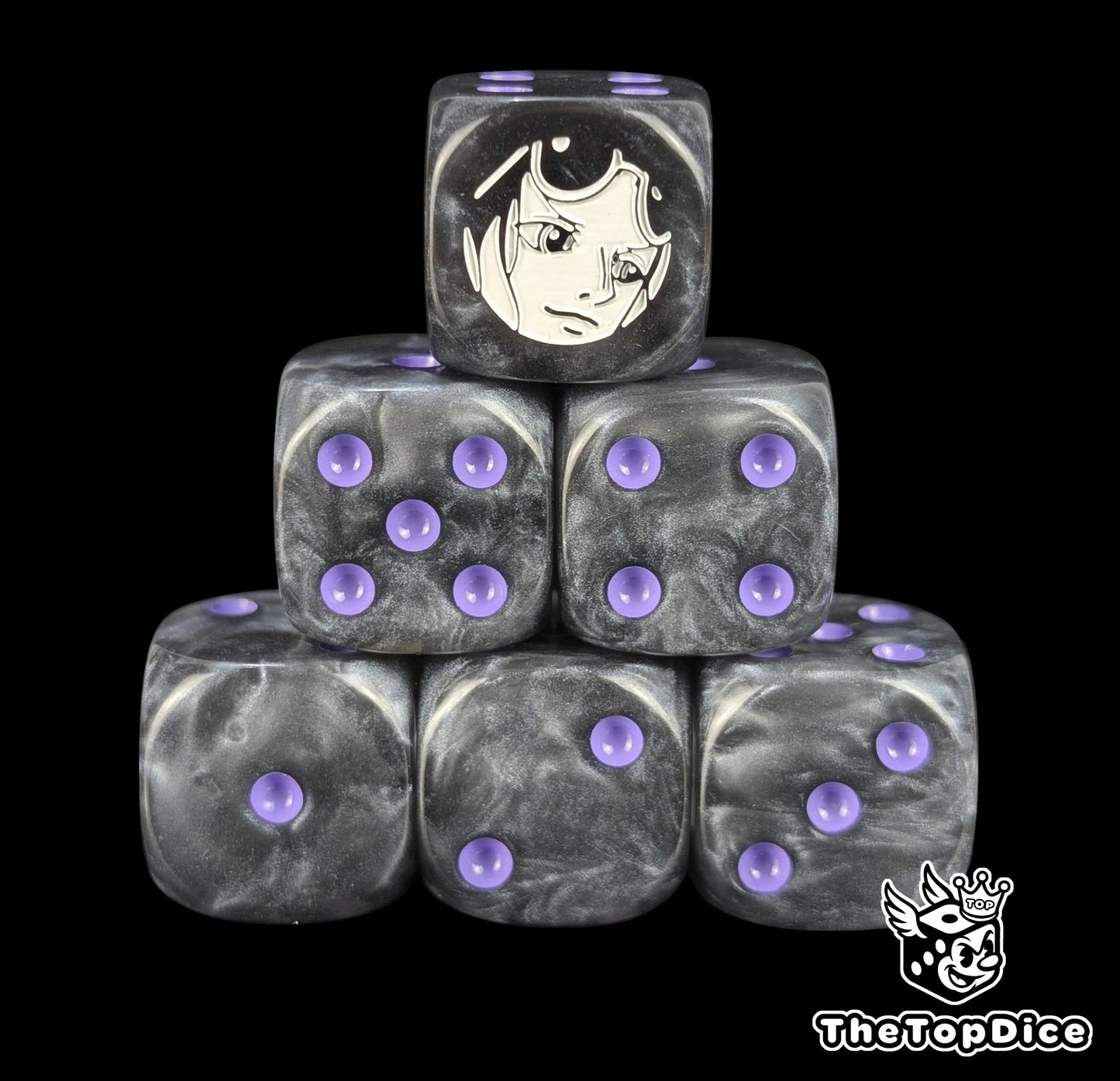 Black 16mm D6 counter dice with a white archaeologist emblem and purple pips for anime pirate TCG