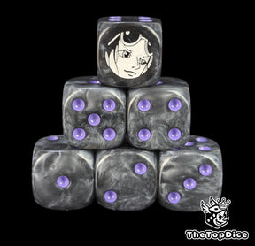 Black 16mm D6 counter dice with a white archaeologist emblem and purple pips for anime pirate TCG