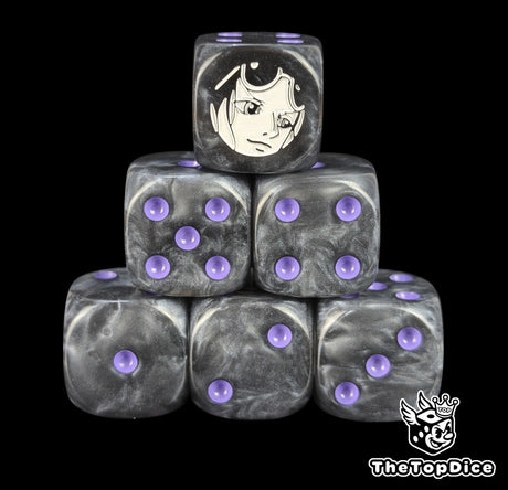 Black 16mm D6 counter dice with a white archaeologist emblem and purple pips for anime pirate TCG