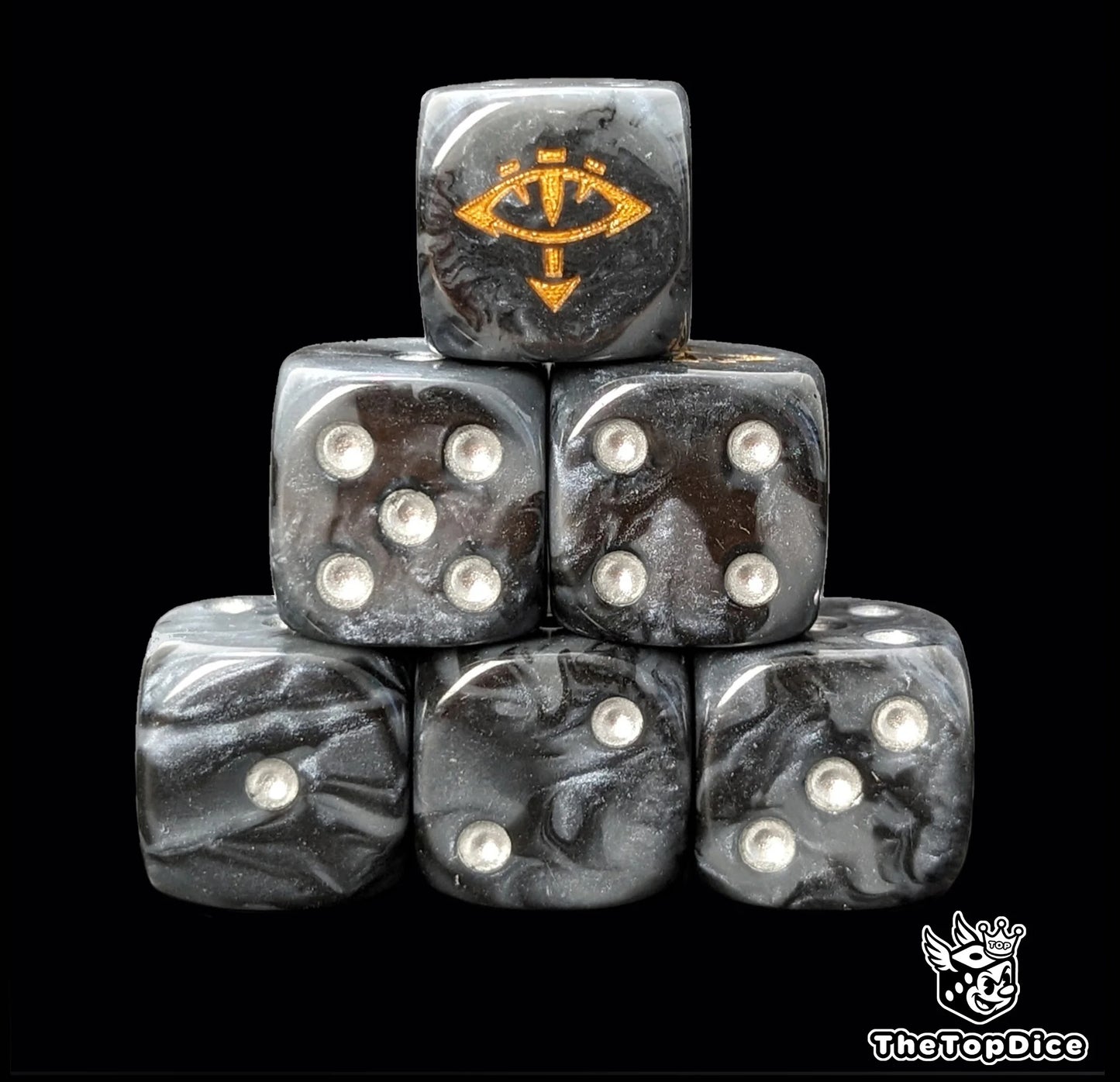 Black and grey 16mm D6 dice with a gold eye emblem and silver pips for sci-fi wargaming