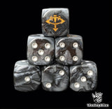 Black and grey 16mm D6 dice with a gold eye emblem and silver pips for sci-fi wargaming