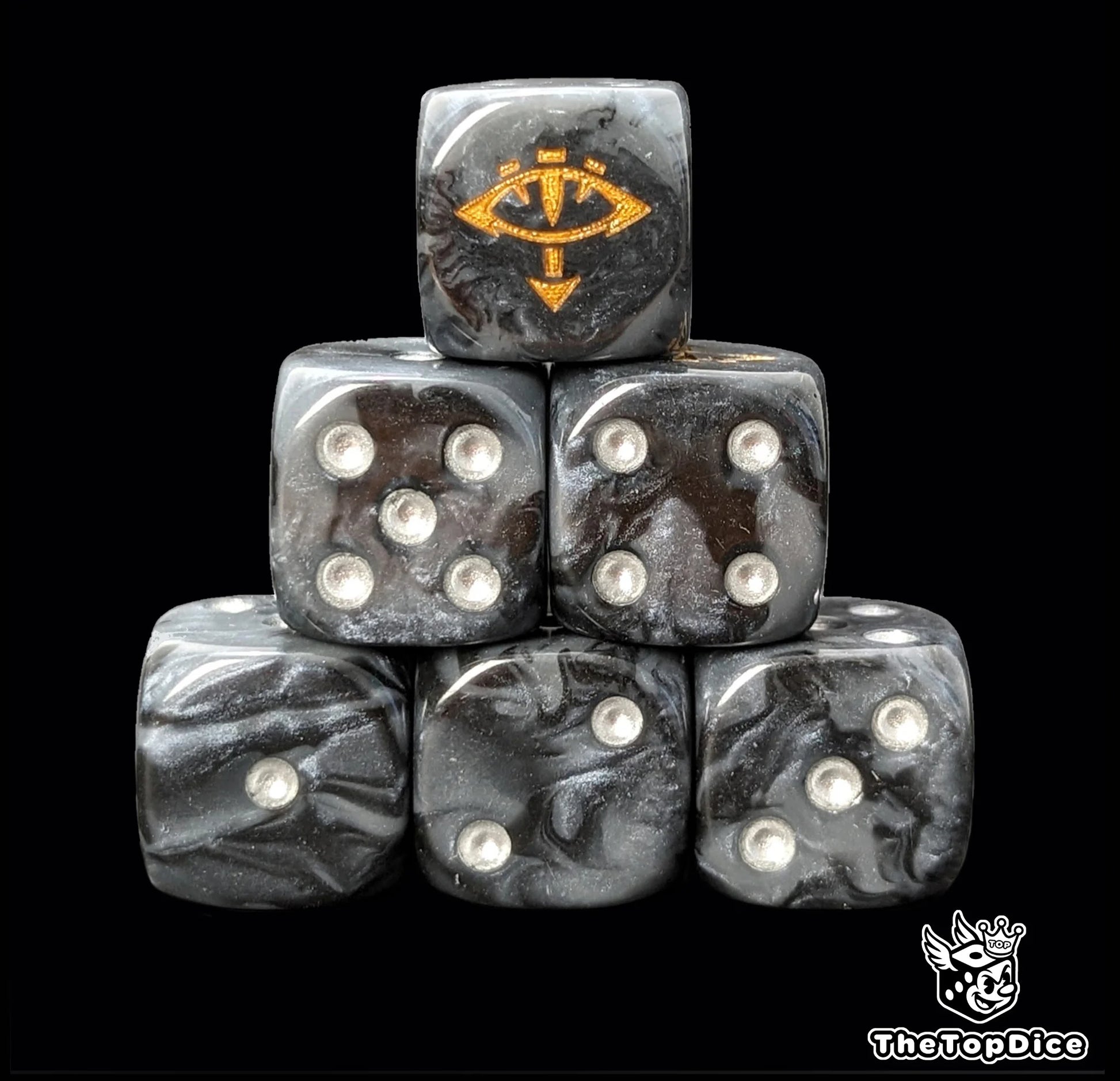 Black and grey 16mm D6 dice with a gold eye emblem and silver pips for sci-fi wargaming