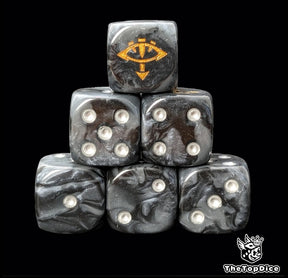 Black and grey 16mm D6 dice with a gold eye emblem and silver pips for sci-fi wargaming