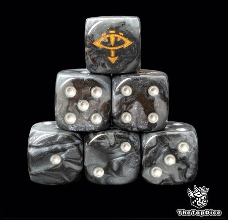 Black and grey 16mm D6 dice with a gold eye emblem and silver pips for sci-fi wargaming