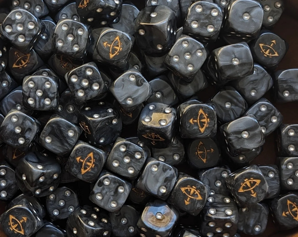 Pile of black and grey eye 16mm D6 dice for a sci-fi traitor army