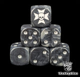 Black 16mm D6 dice with a white templar cross and skull and silver pips for sci-fi wargaming