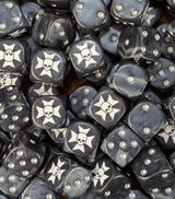 Pile of black crusader cross 16mm D6 dice for a sci-fi knight army