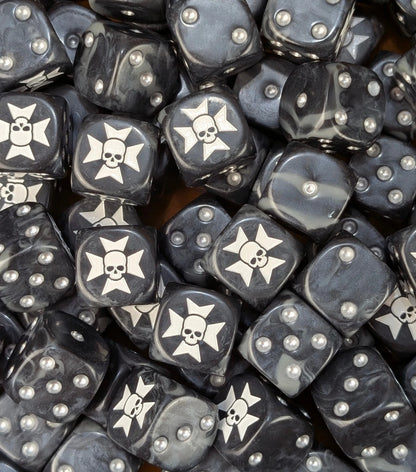 Pile of black crusader cross 16mm D6 dice for a sci-fi knight army