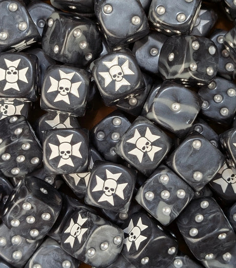 Pile of black crusader cross 16mm D6 dice for a sci-fi knight army