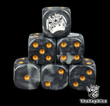 Black and grey 16mm D6 counter dice with a white pirate emblem and gold pips for anime pirate TCG