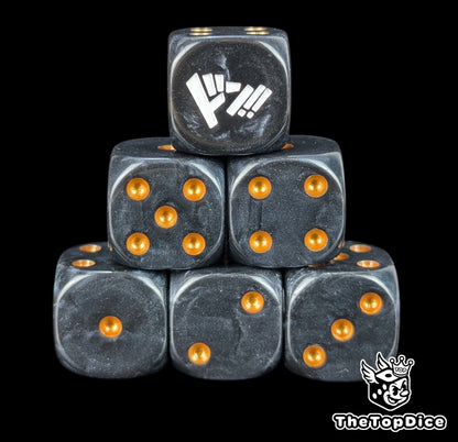 Black 16mm D6 counter dice with gold pips for anime pirate TCG