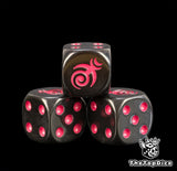 Three black 16mm Slaanesh D6, the magenta spiral sigil facing front beside magenta pips