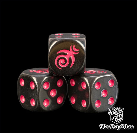 Three black 16mm Slaanesh D6, the magenta spiral sigil facing front beside magenta pips