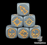 Close up of three black 16mm block dice with gold symbols for resolving blocks in fantasy football