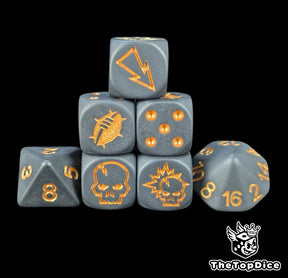 Black fantasy football dice set of seven 16mm resin dice with gold logos compatible with Blood Bowl