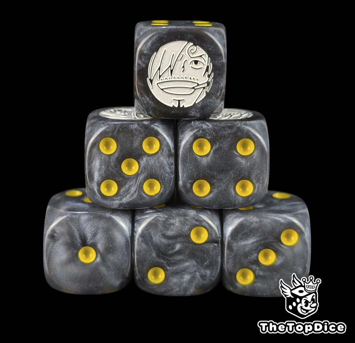Black 16mm D6 counter dice with a white cook emblem and yellow pips for anime pirate TCG
