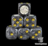 Black 16mm D6 counter dice with a white cook emblem and yellow pips for anime pirate TCG