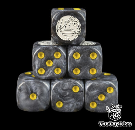 Black 16mm D6 counter dice with a white cook emblem and yellow pips for anime pirate TCG