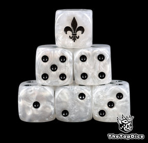 Six pearl white Sororitas D6 stacked, black pips and a black fleur