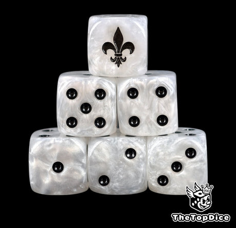 Six pearl white Sororitas D6 stacked, black pips and a black fleur