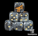 Black and grey 16mm D6 dice with a gold eye emblem and beige pips for sci-fi wargaming