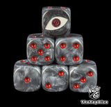 Black 16mm D6 counter dice with a single eye emblem and red pips for anime pirate TCG