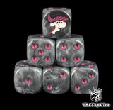 Black 16mm D6 dice with a white and purple hive alien head emblem and purple pips for sci-fi wargaming