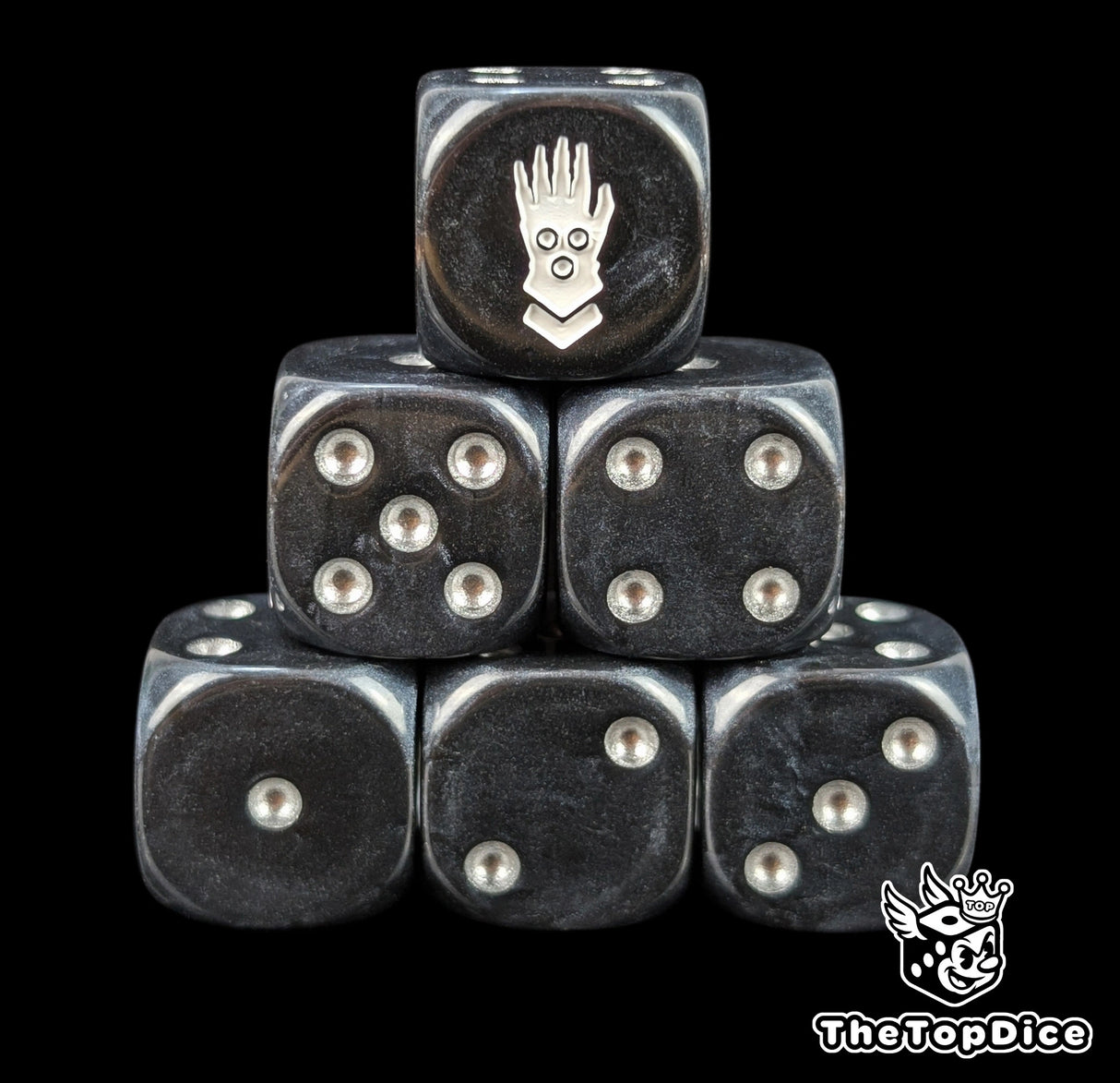Black 16mm D6 dice with a white iron hand emblem and silver pips for sci-fi wargaming