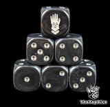 Black 16mm D6 dice with a white iron hand emblem and silver pips for sci-fi wargaming
