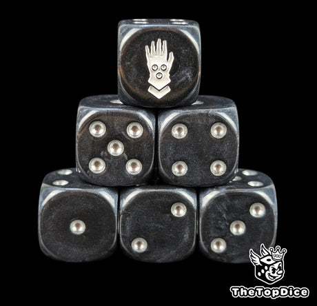 Black 16mm D6 dice with a white iron hand emblem and silver pips for sci-fi wargaming