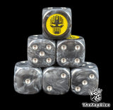 Black and grey 16mm D6 dice with a yellow helm silhouette emblem and silver pips for sci-fi wargaming