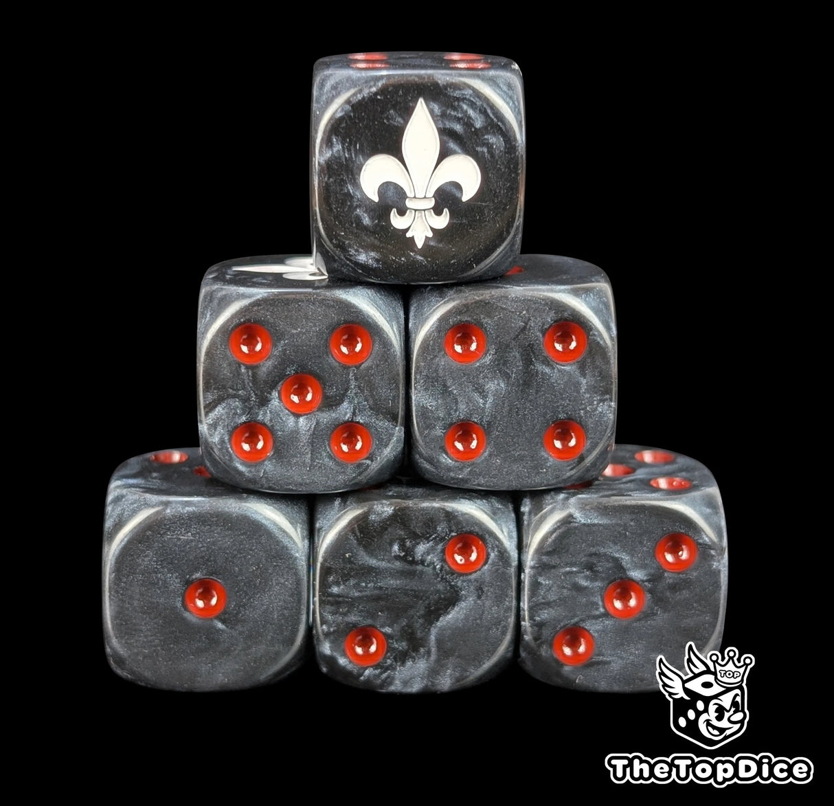 Black 16mm D6 dice with a black lily emblem and red pips for sci-fi wargaming