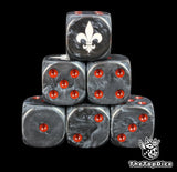 Black 16mm D6 dice with a black lily emblem and red pips for sci-fi wargaming