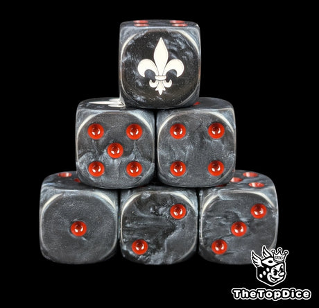 Black 16mm D6 dice with a black lily emblem and red pips for sci-fi wargaming