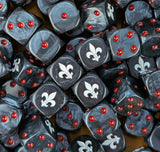 Pile of black warrior nun 16mm D6 dice for a sci-fi sister army