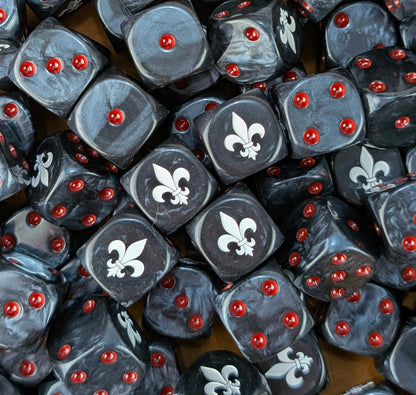 Pile of black warrior nun 16mm D6 dice for a sci-fi sister army