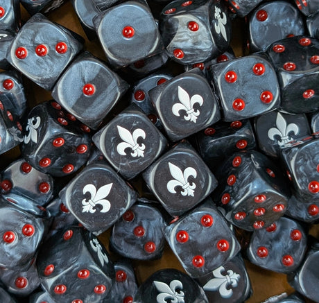 Pile of black warrior nun 16mm D6 dice for a sci-fi sister army