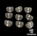 Dead flat black D3 dice in a nine die grid, white numbers 1 to 3