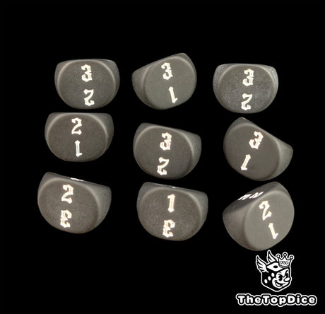 Dead flat black D3 dice in a nine die grid, white numbers 1 to 3