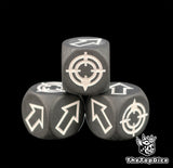 The flat finish killing glare on a matte black scatter die, three of them in frame