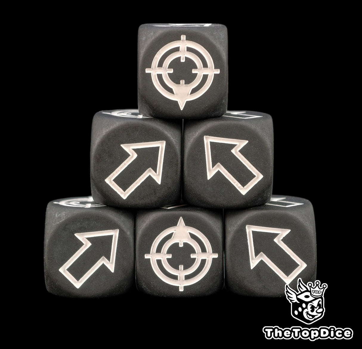 Matte black scatter dice stacked with white arrows, no shine coming back off the lamp